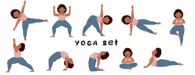 Un conjunto de una niña haciendo yoga yoga. Una chica regordeta en varias poses sobre un fondo blanco. Ilustración de vector de estilo plano