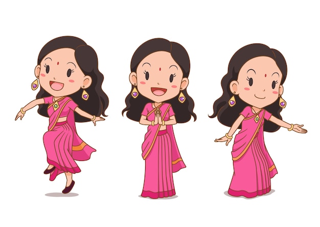 Vector conjunto de niña india de dibujos animados en traje típico