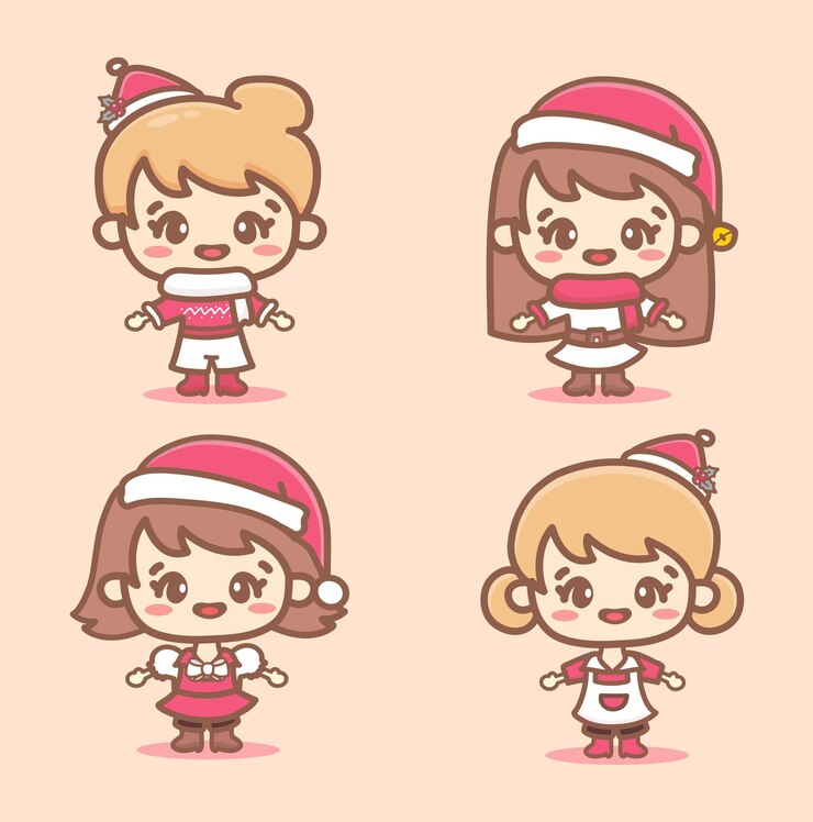 Vector conjunto de niña linda con gorro de papá noel y vestido de moda para vacaciones navideñas. estilo rosa kawaii
