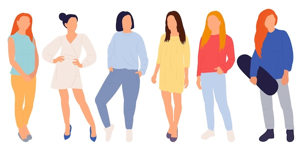 Vector conjunto de niñas mujeres diseño plano sobre fondo blanco aislado