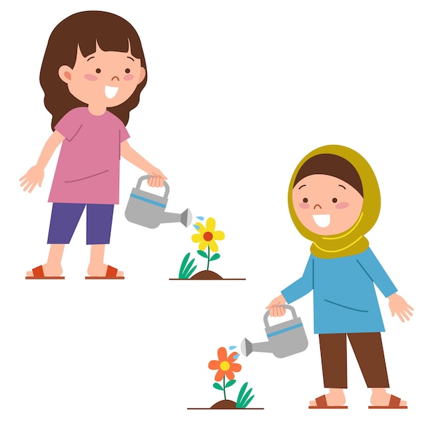 conjunto de niñas regando plantas