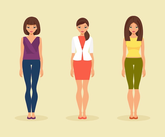 Conjunto de niñas en su ropa de todos los días ilustración vectorial