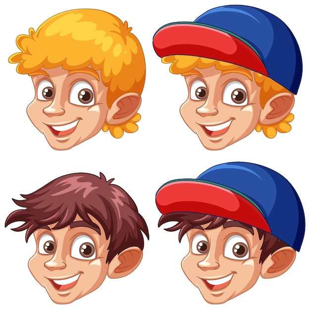conjunto, de, niño, cabeza, caricatura