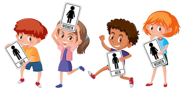 Conjunto de niño diferente con cartel de aseo aislado sobre fondo blanco.