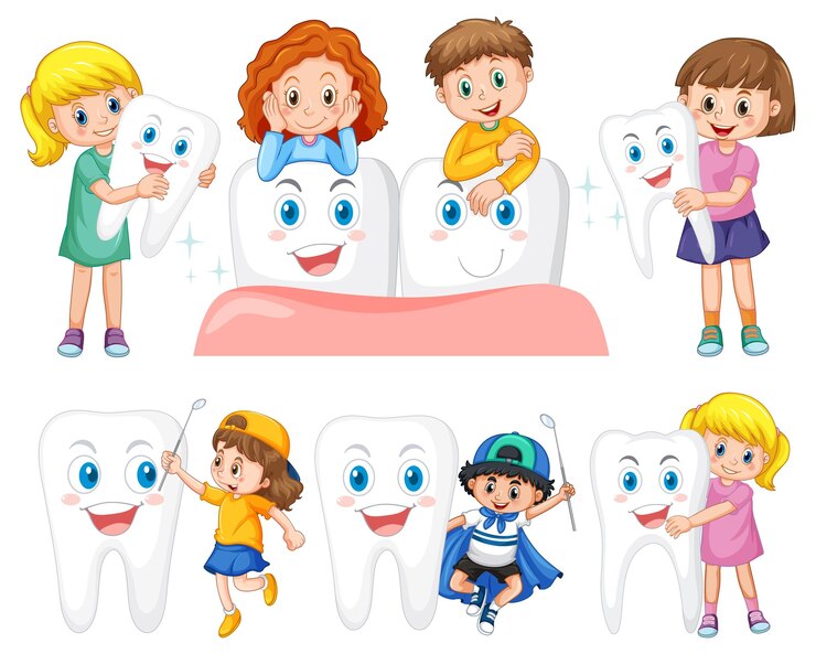 Vector conjunto de niño feliz sosteniendo un diente grande y un espejo dental en blanco