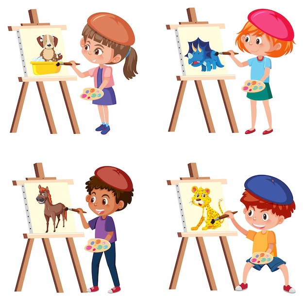 Vector un conjunto de niño y niña dibujando sobre lienzo.