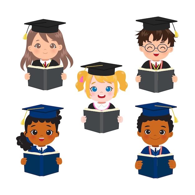 Vector conjunto de niño y niña de graduación leyendo un libro