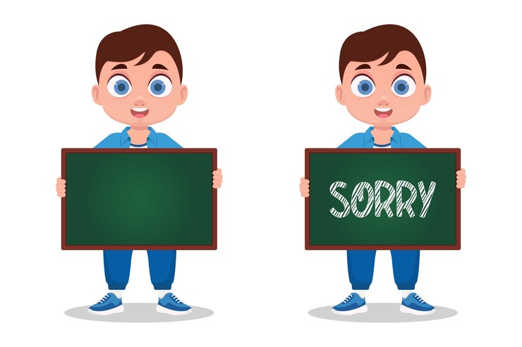 Vector conjunto de un niño sosteniendo una tabla, la inscripción lo siento, no hay inscripción. ilustración vectorial