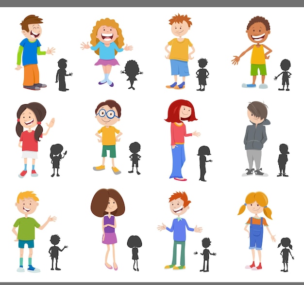 Vector conjunto de niños y adolescentes de dibujos animados con siluetas
