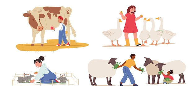 Conjunto de niños alimentando animales, los niños visitan el zoológico agrícola. personajes de niños pequeños acariciando ovejas domésticas, conejos y vacas con gansos aislados sobre fondo blanco. ilustración de vector de gente de dibujos animados