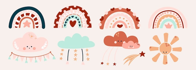 Vector conjunto de niños bohemios de género neutral conjunto de niños con dibujos lindos nubes estrellas arco iris