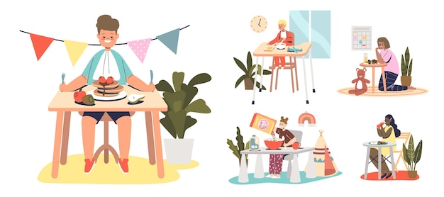 Conjunto de niños comiendo alimentos saludables para el desayuno: cereales, panqueques, frutas y verduras frescas, huevos. Los niños pequeños disfrutan de una comida nutritiva. Concepto de nutrición para niños pequeños. Ilustración de vector plano de dibujos animados