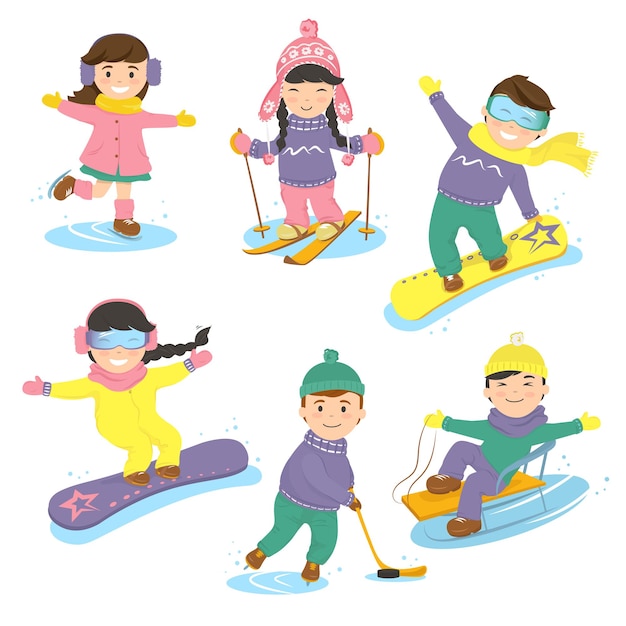 Conjunto de niños y deportes de invierno.