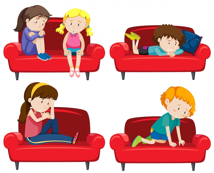 Vector conjunto de niños deprimidos en sofá