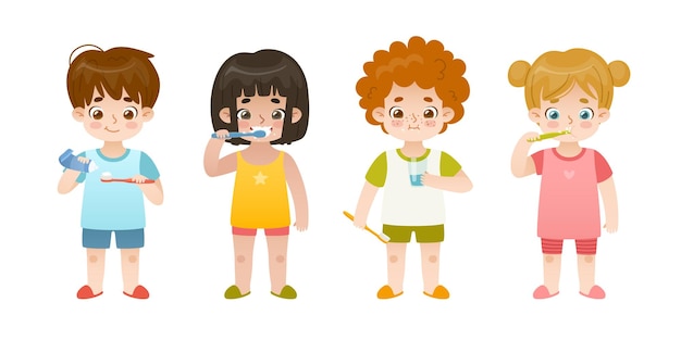 Conjunto de niños de dibujos animados cepillarse los dientes Colección de higiene dental para niños Los niños lindos cuidan sus dientes