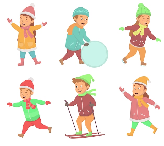 Vector conjunto de niños divirtiéndose con actividades al aire libre en invierno.