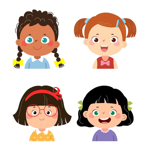 Conjunto de niños se enfrenta a avatares, cabezas de niños de diferente nacionalidad en estilo plano