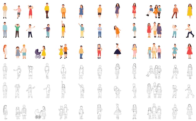 conjunto de niños en estilo plano y bocetos en vector de fondo blanco