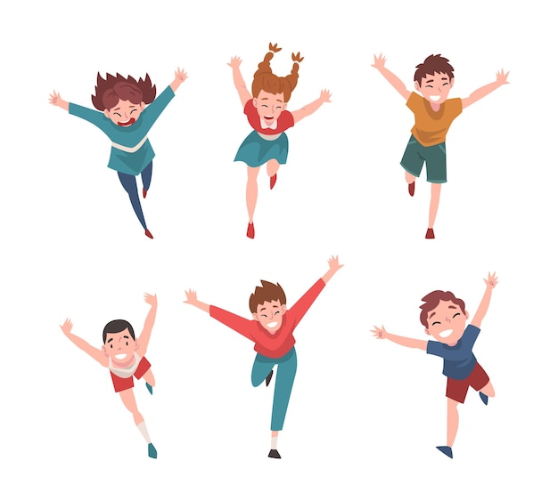 Conjunto de niños felices corriendo con los brazos extendidos Libertad descuido alegría ilustración vectorial de dibujos animados