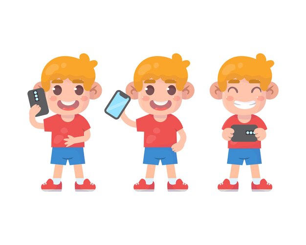 conjunto de niños felices, lindo personaje de niño y teléfono inteligente con muchas expresiones gestuales