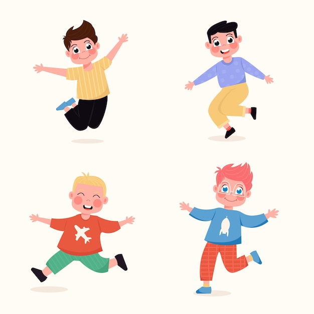 Conjunto de niños felices niños de pie en diferentes poses saltando en estilo plano