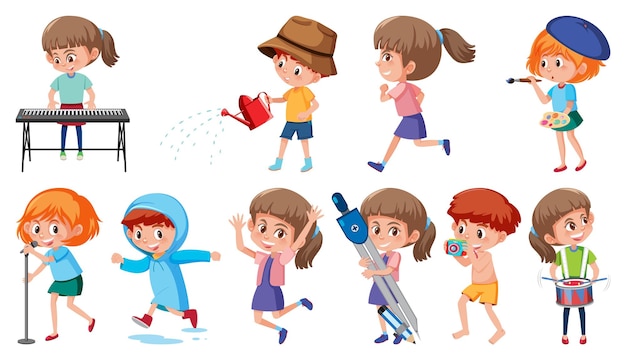 Vector conjunto de niños haciendo diferentes actividades sobre fondo blanco.