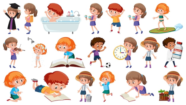 Conjunto de niños haciendo diferentes actividades sobre fondo blanco.