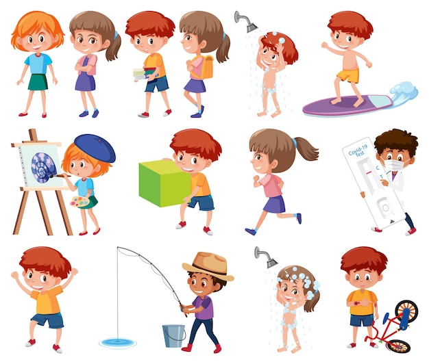 Vector conjunto de niños haciendo diferentes actividades sobre fondo blanco.