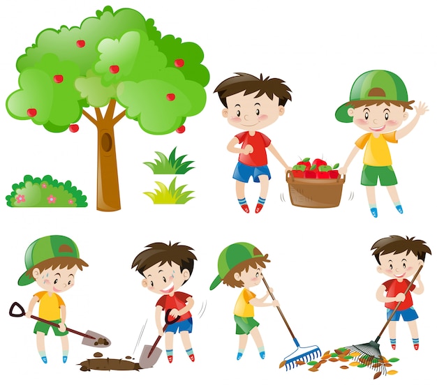 Conjunto de niños haciendo trabajos agrícolas