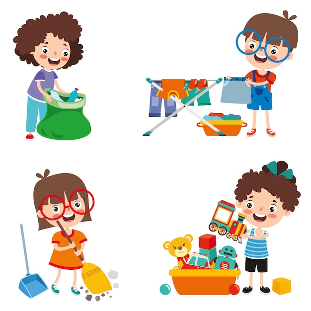 Vector conjunto de niños haciendo varias tareas domésticas