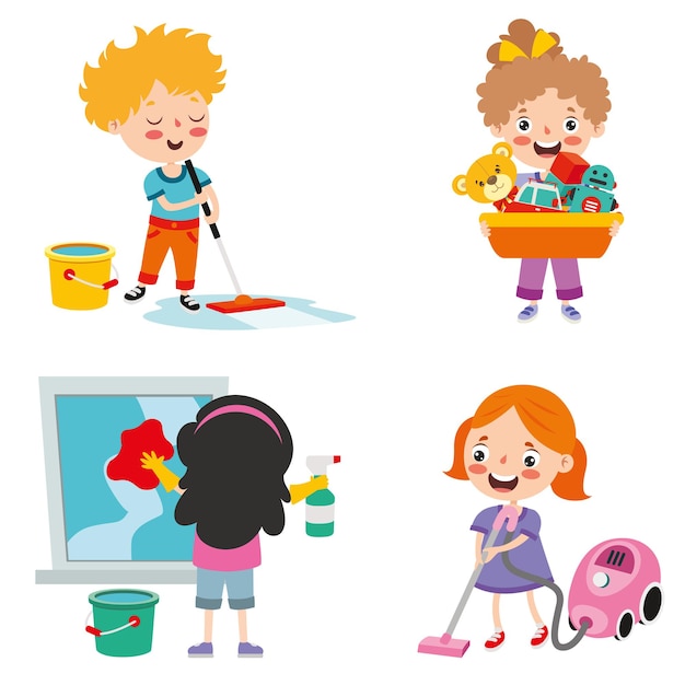 Conjunto de niños haciendo varias tareas domésticas