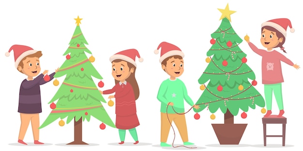 Vector conjunto de niños hechos varios árboles de navidad.