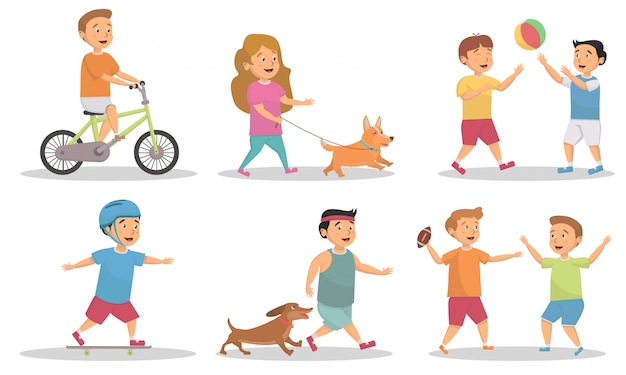 Conjunto de niños jugando y actividad en el concepto de ilustración de vector de parque