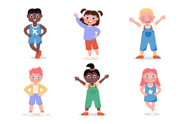 Conjunto de niños y niñas internacionales felices de pie en diferentes poses de estilo plano