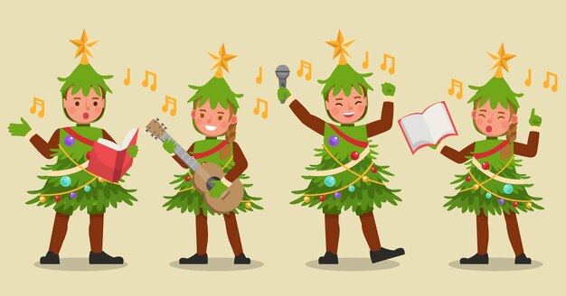 Conjunto de niños niño y niña con personaje de disfraces de árbol de Navidad