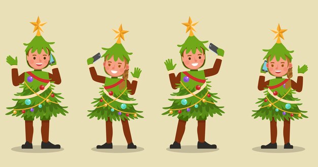 Conjunto de niños niño y niña con personaje de disfraces de árbol de navidad