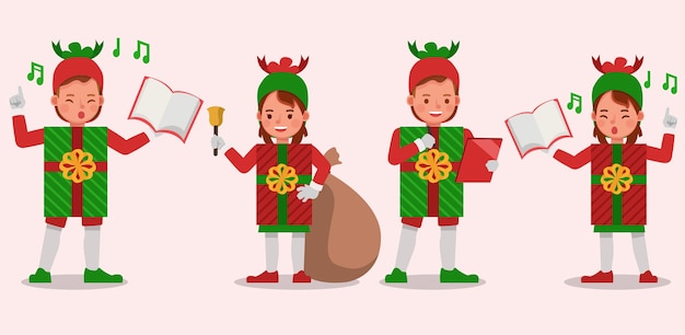 Conjunto de niños niño y niña con personaje de disfraces de caja de regalo de navidad