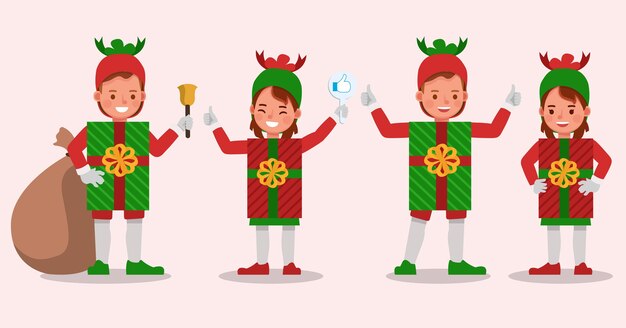 Conjunto de niños niño y niña con personaje de disfraces de caja de regalo de navidad