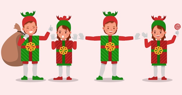 Conjunto de niños niño y niña con personaje de disfraces de caja de regalo de navidad