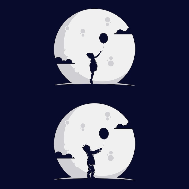 Vector conjunto de niños pequeños alcanzan globo con la luna.