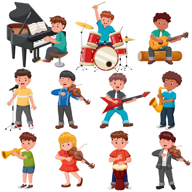 Conjunto de niños pequeños tocando varios instrumentos ilustración vectorial