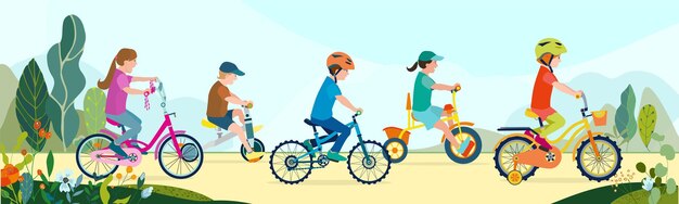 Conjunto de niños planos y felices en bicicleta en una carretera del parque con flores y hojas niños montando bicicletas coloridas deporte al aire libre en el paisaje natural de verano por camino a través de la ilustración vectorial verde