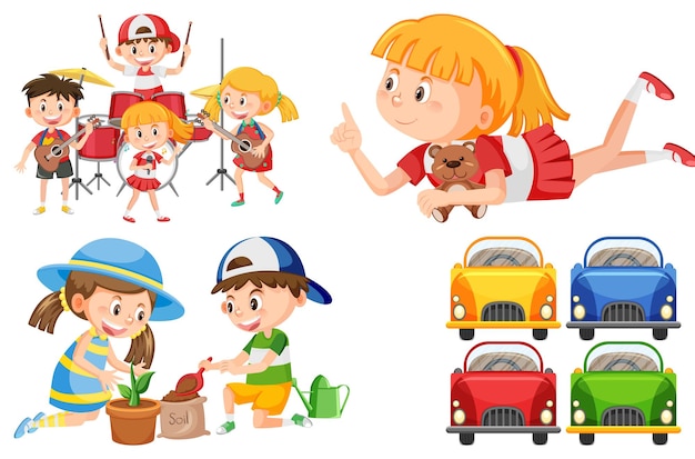 Vector conjunto de niños realizando diferentes actividades.