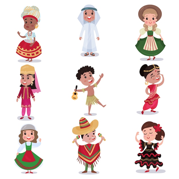 Conjunto de niños con ropa tradicional de diferentes países, lindos niños y niñas en trajes nacionales coloridas ilustraciones