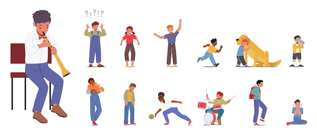 Conjunto de niños tocan tambores de flauta y bolos niñas y niños pasan tiempo con gatos y perros beben agua personajes se sienten emociones felices y enojadas lloran y corren personas de dibujos animados ilustración vectorial