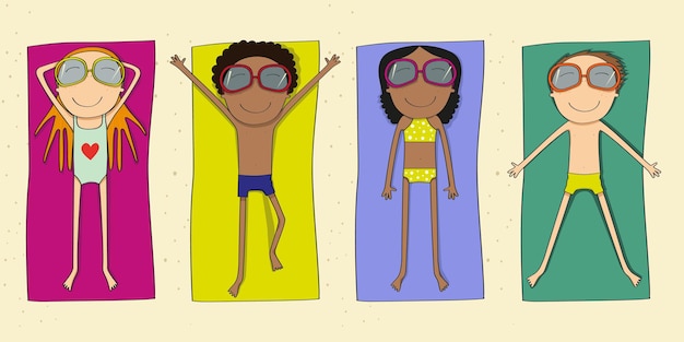 Conjunto de niños tomando el sol ilustración vectorial