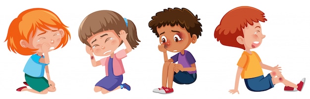 Vector conjunto de niños tristes con contusiones sobre fondo blanco.