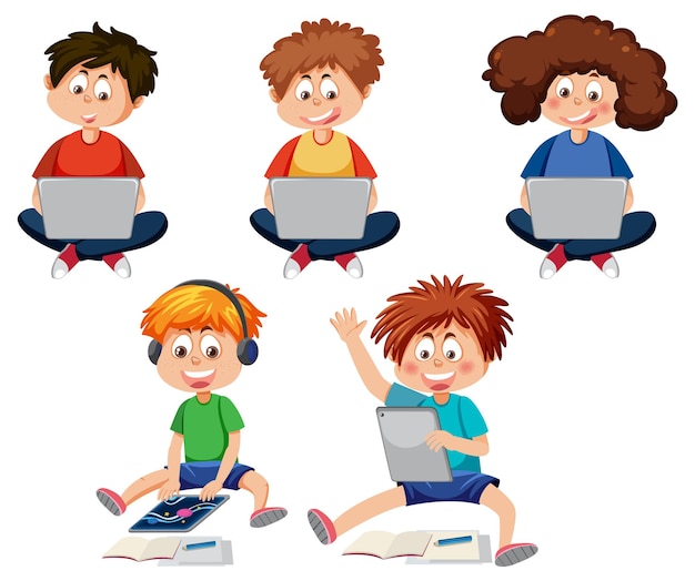 Vector conjunto de niños usando tableta y computadora portátil