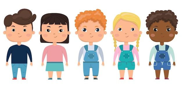 Conjunto de niños. vector conjunto de niños en edad preescolar de diferente nacionalidad.