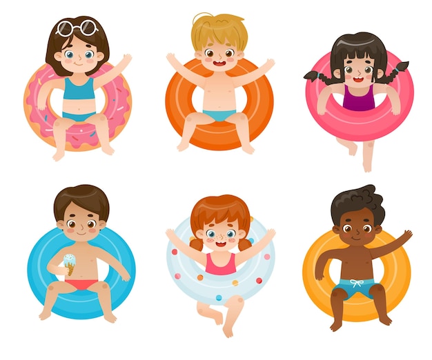 Vector conjunto de niños de verano en anillos inflables colección de niños lindos nadando en traje de baño